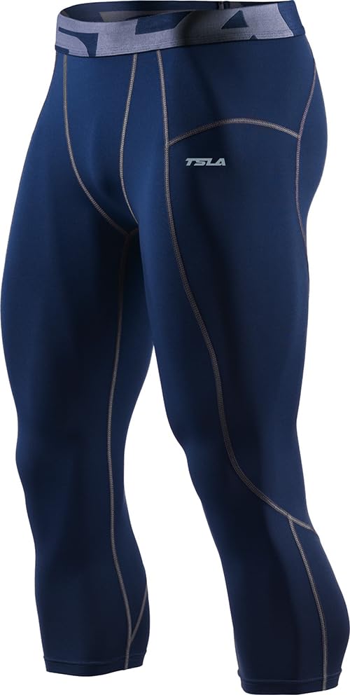 Men's 3/4 Compression Pants, Running Workout Tights, Cool Dry Capri Athletic Leggings, Yoga Gym Base Layer