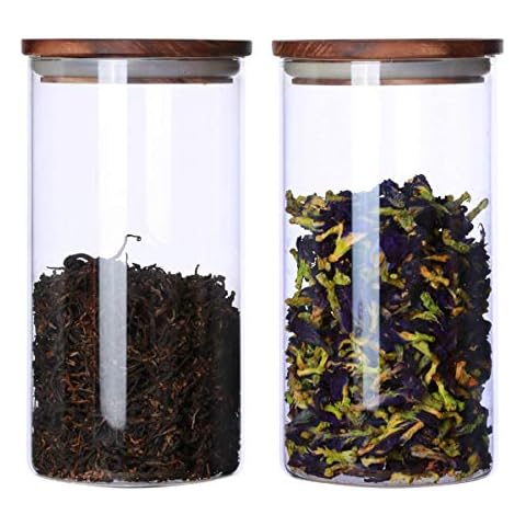 KKC HOME ACCENTS Glass Canister with Wood Lid,Tea Canisters for Loose Tea,Airtight Tea Containers,Airtight Glass Container for Loose Leaf Tea,Coffee Bean,Glass Jar Wood Lid,39 Fluid-oz (1.2 Quart) Cover