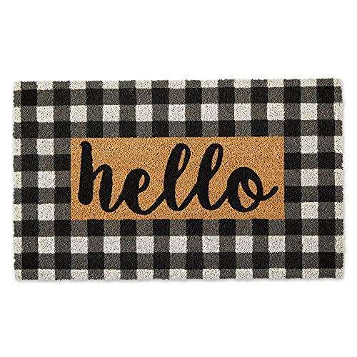 Natural Coir Front Door Mat Outdoor Collection, Decorative Checkered Doormat with Heavy Duty PVC Backing, 17x29, Hello
