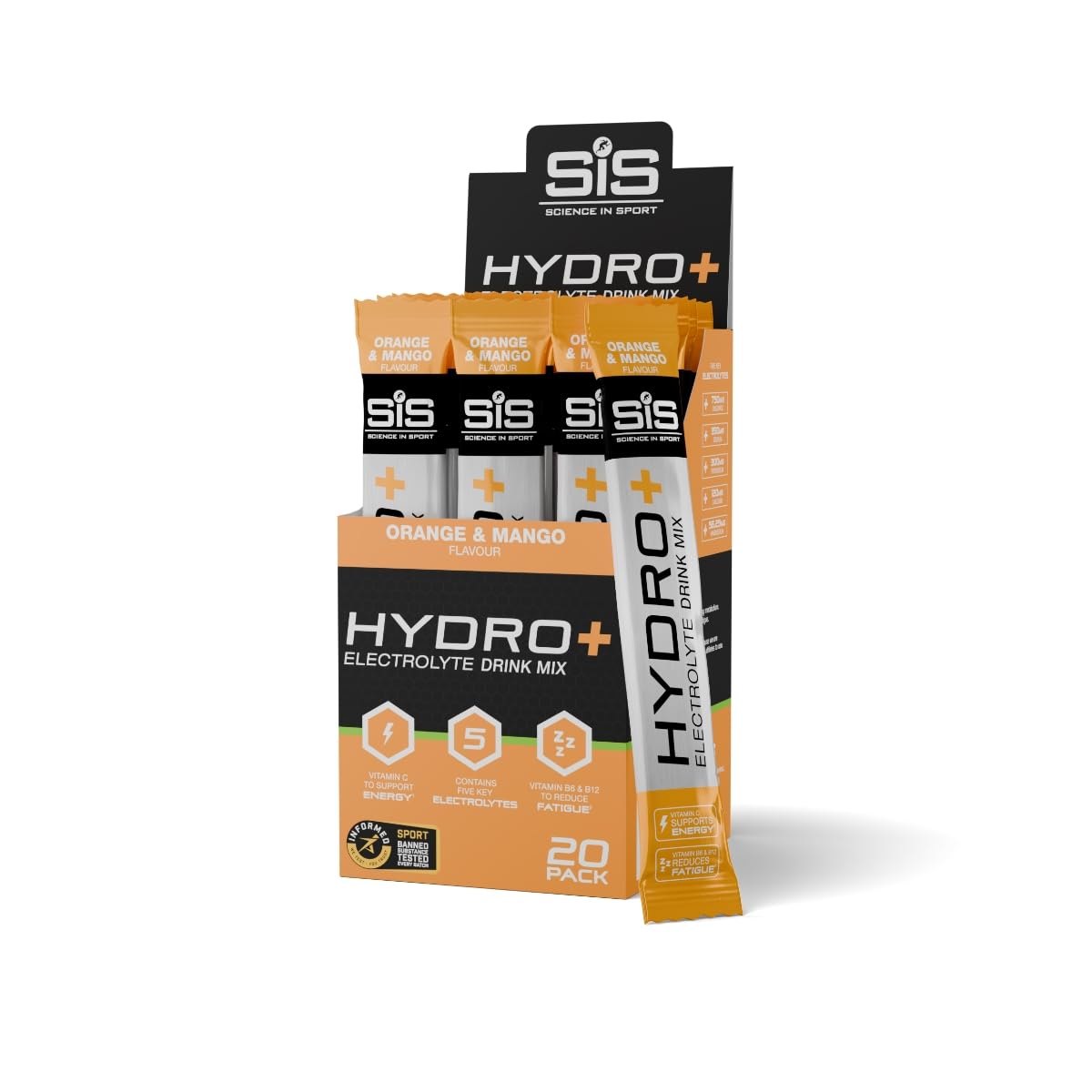 Science in Sport Hydro+ Electrolytes Powder Sachets with 5 Essential Electrolytes and Added Vitamins C, B6, and B12 for Hydration Drink | Orange Mango, Pack of 20 Sachets