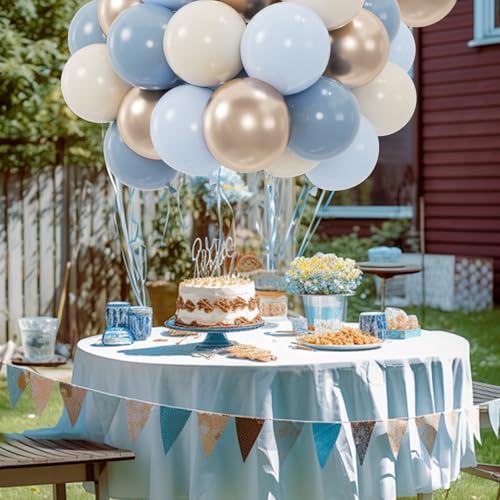 Image of 100pcs Dusty Blue Balloon Set | 12-Inch Baby Slate Blue, Sand White & Champagne Gold Confetti Balloons | Elegant Decor for Baby Shower, Wedding, Graduation & Boys' Birthday (2 Ribbons)