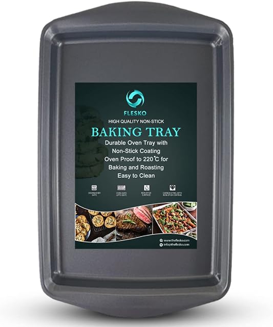 Flesko Baking Tray Large Size of 46 x 28 x 3.7cm Carbon Steel with Non Stick Coating Rectangle Oven Tray Deep Large Easy Dishwasher Safe for Roasting Brownie Cake Baking