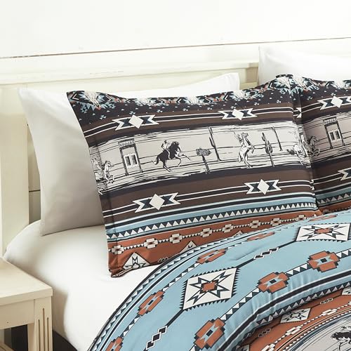 Chezmoi Collection Sawyer 3-Piece Southwestern Cowboys Rodeo Comforter Set - Multicolor Blue Brown Beige Clay Printed Washed Microfiber Bedding, Queen by Chezmoi Collection - Image 3