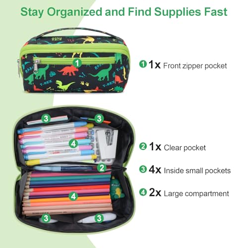 Image of Large Pencil Case for Boys, Durable Kids Pencil Pouch for School, Wide Opening Soft Bag with Handle, Fits 50 Pens & Markers (Black Dinosaur)