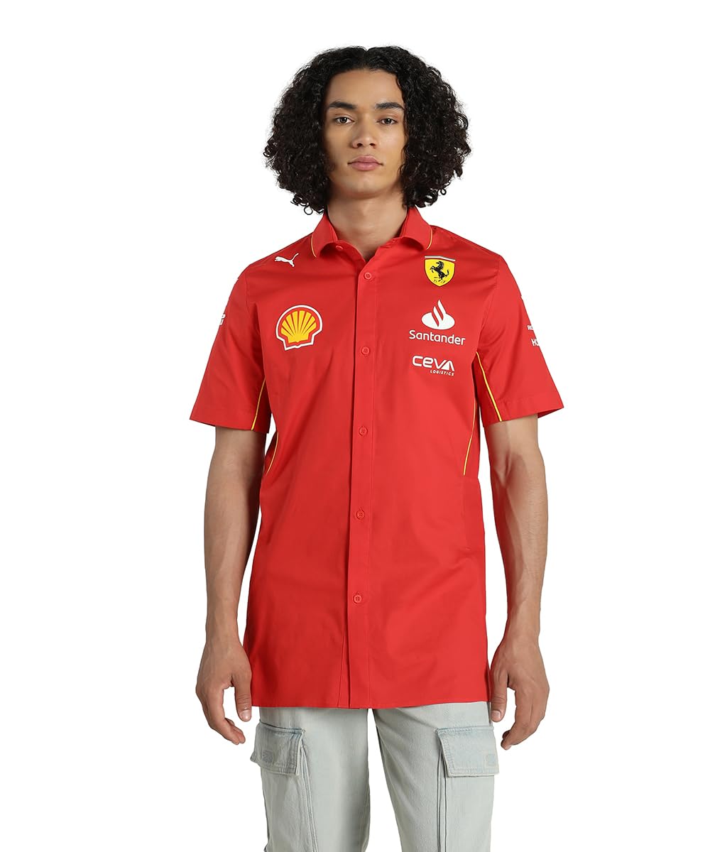 PUMA Camicia Sportiva - Squadra Scuderia Ferrari 2024, Uomo, Rosso Bruciato, Taglia L