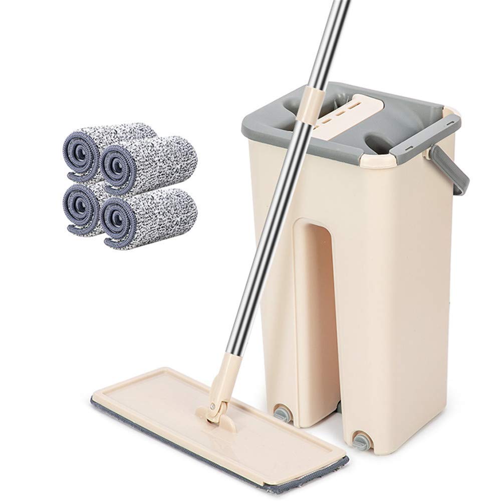 Fregona de apretón Plana Fregona Perezosa con Cubo Escurridor Fregona de Limpieza de Suelos Manos Libres Fregonas de Microfibra