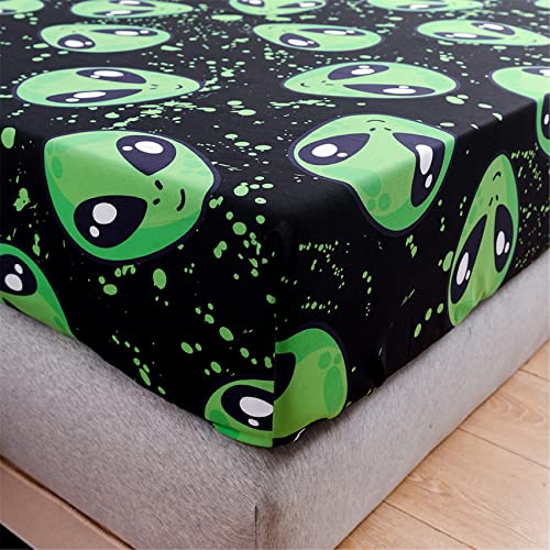 Urlinens Alien Fitted Sheet And Pillowcase Set, Tie Dye Green Alien Heads Kids Sheet Set 3 Piece Full Size, Boys Girls Teens Bedding Decor Supernatural Beings From Other Planets Kids Bed Sheet #TOP4
