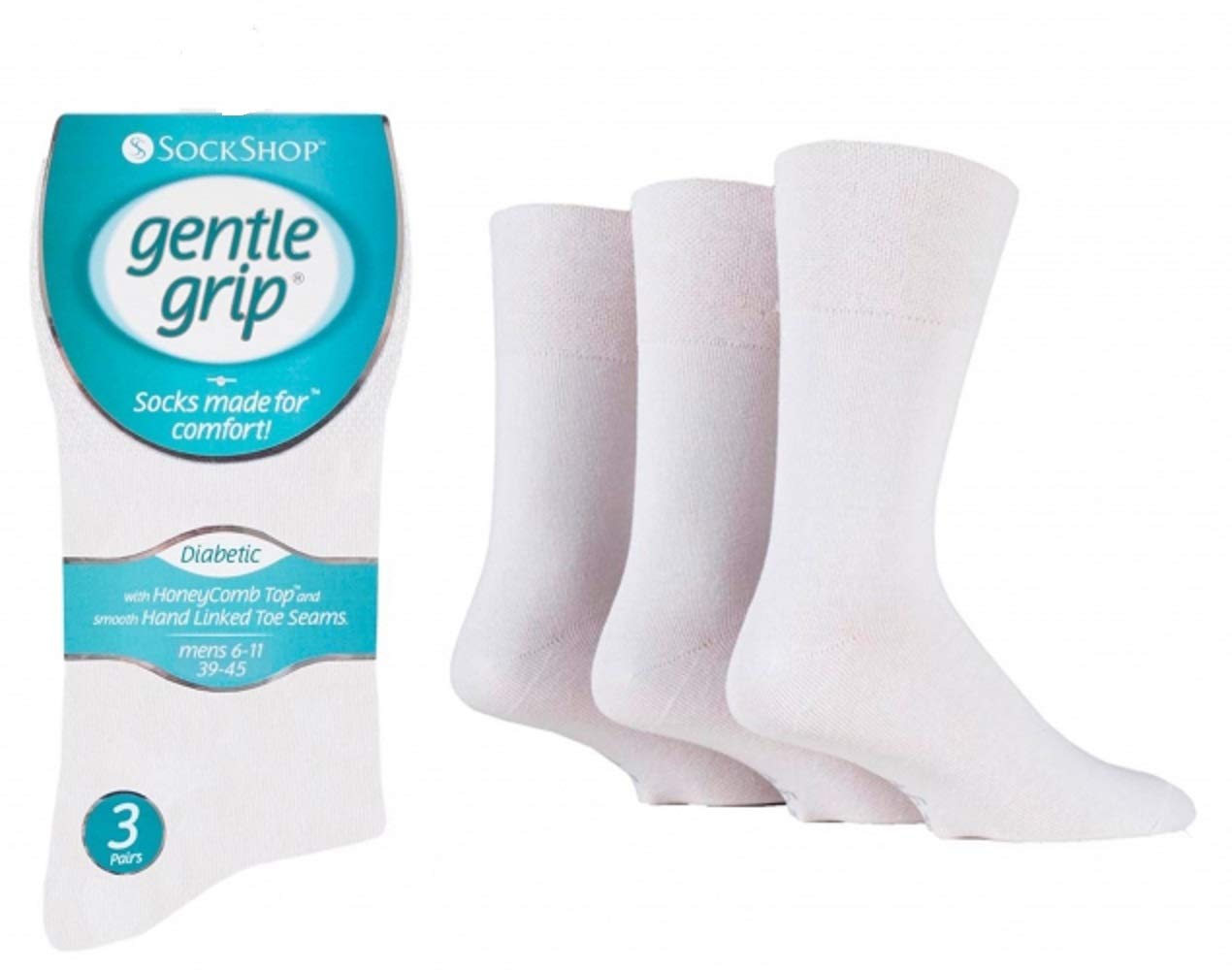 Sockshop Men's White Cotton Rich Gentle Grip Diabetic Non Elastic Socks With Soft Hand Linked Toe Honey Comb Top By 6-11 (3 Pairs) (White)