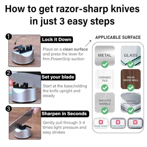 Image of 3-Stage Knife Sharpener Tool for Kitchen | Straight & Serrated Blades Scissors Sharpener | Ceramic and Steel Knives Repair & Restore, Strong Suction Base Easy Hands-Free Operation, Gifts, Gray
