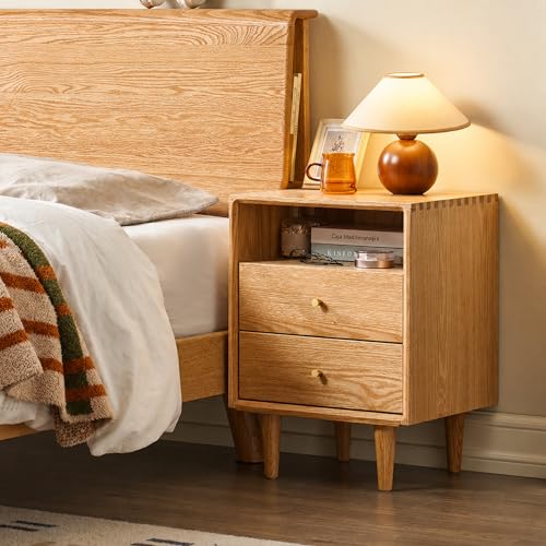 100% Solid Wood Nightstand, No-Assembly Nordic Style Oak Bedside Table with Brass Handles 2-Drawer Nightstand for Bedroom Storage, Small End Table Bedside Night Table for Dorm or Guest Room,