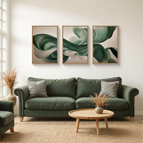 Image of KAIRNE Green Abstract Framed Canvas Wall Art Set,Minimalist Green Lines Wall Decor,Modern Flowing Texture Art Prints,Neutral Smokes Waves Artwork for Living Room,Bedroom,Farmhouse,Office-24 x36 x3