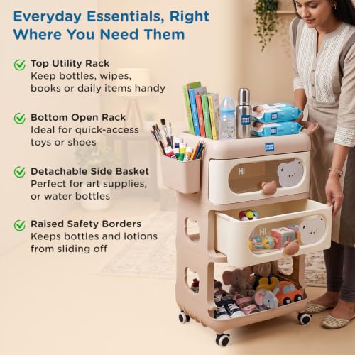 Image of Mee Mee My Teddy Storage Drawer Organizer | 3 Drawer Baby Storage Cabinet | 67.5L Storage Capacity | PP Plastic Organizer with Wheels | Nursery & Kids Storage Solution