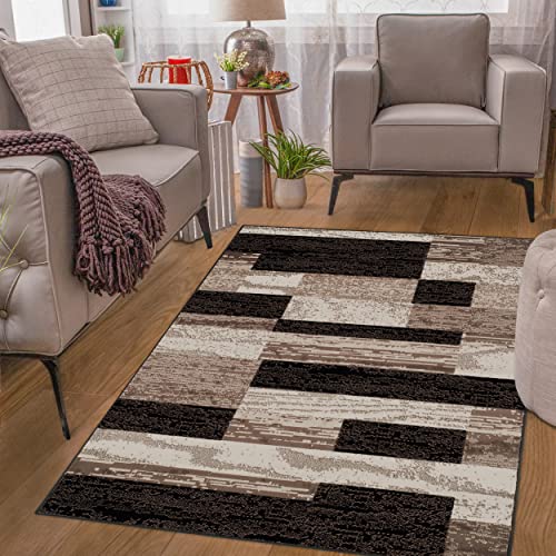 Superior Indoor Area Rug, Jute Backed, Modern Geometric Patchwork Floor Decor for Bedroom, Office, Living Room, Entryway, Hardwood Floors, Rockwood Collection, 5' x 8', Chocolate