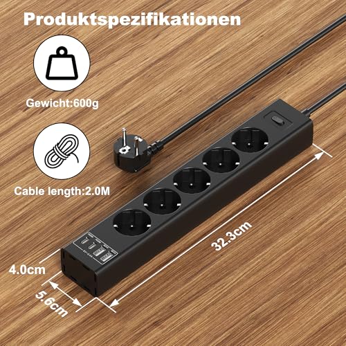 5-Fach Steckdosenleiste Untertischmontage,2USB-C (PD20W)+2USB-A(QC3.0 18W),4000W Mehrfachsteckdose Untertisch montierbar mit Überlastschutzschalter,Unsichtbare Kabelmanagement-Lösung,2m Kabel,Schwarz 6