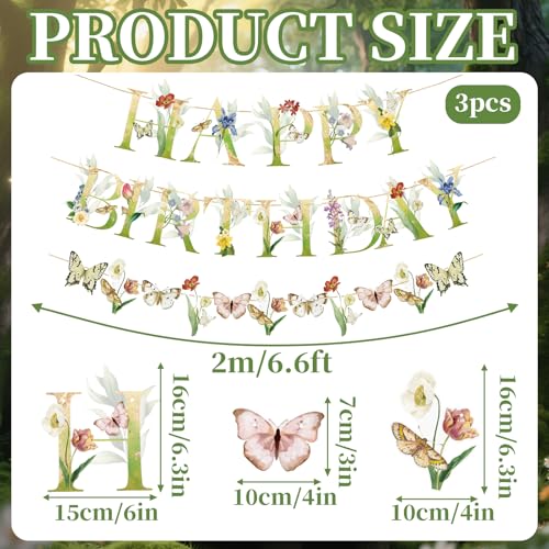 Image of SUNBEAUTY Wildflower Butterfly Happy Birthday Banner Spring Floral Birthday Decorations Pre-Strung Butterfly Flower Garden Decor for Girls Women Baby Shower Wedding Tea Party