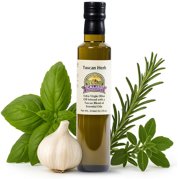 Tuscan Herb Infused Olive Oil 250ml - Herb Infused Oil with Basil, Oregano, Rosemary and Garlic - Savory Flavored Extra Virgin Olive Oil for Cooking, Dipping or to Drizzle