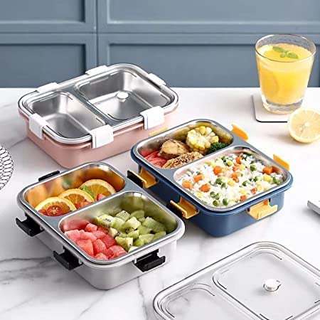 Image of HYLOL Stainless Steel Lunch Box with 2 Compartment Leakproof Bento Tiffin Box for Kids & Adults Airtight Food Storage Container with Spoon Fork & Lock Clips for Office School Travel (Blue)