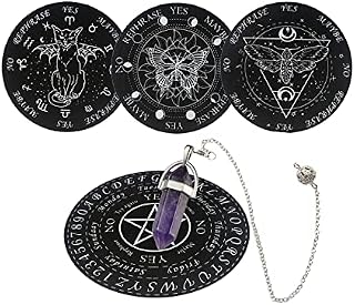 4PCS Pendulum Board Dowsing Amethyst Gemstone Crystal Pendulum Chain Witchcraft Supplies Kit for Divination Chakra Altar Metaphysical Wooden Carven Board Wiccan Gifts with Box(5.9 Inch)
