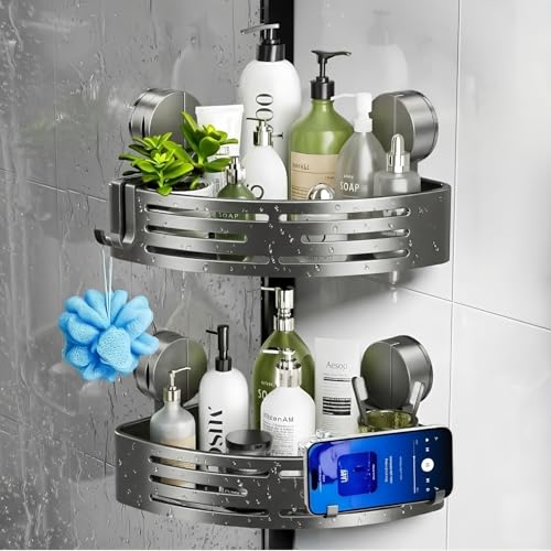 2 Pack Corner Shower Caddy Suction Cup, Bathroom Corner Hanging Shelves,Waterproof Rustproof,No Drilling Removable,Bathroom Organizers & Storage With Hooks,Apartment Dorm Rv Bathroom Rental Shower