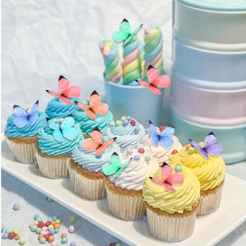 50 Stück Essbare Schmetterlinge für Torte Bunte Schmetterling Deko Torten Kuchen Deko Esspapier Tortendeko Schmetterling für Mädchen Geburtstag Jahrestag Hochzeit Baby party