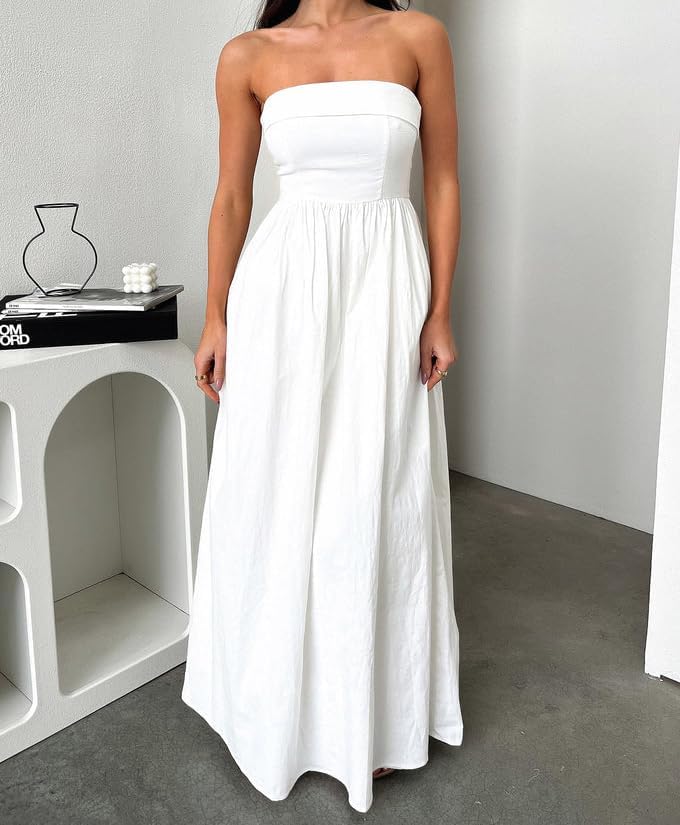 Women Summer Strapless Maxi Tube Dress 2024 Trendy Solid Pleated Flowy Dress Wedding Guest Maxi Dresses Party Club - Image 5