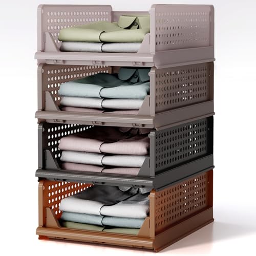 RMAN Organizer Armadio, 4 Set Organizer Pieghevole, Impilabili Cassettiera per Armadio Interno in Plastica per T-shirt, Jeans, Libri, Giocattoli, Vestiti, Marrone (43 x 33 x 72 cm)