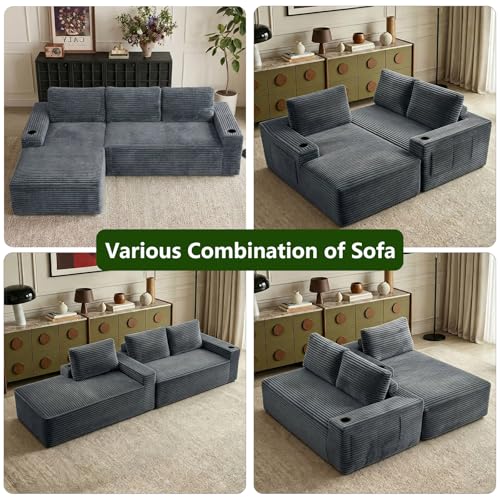 Image of 104.3 inch Modular Sectional Sofa,Modern Corduroy Cloud Couch with Cup Holder & Side Pockets,Boneless Couch Upholstered 3-Seater L-Shaped Sofa for Living Room,No Assembly (Dark Grey, Left-Facing Chaise) | with Cup Holder