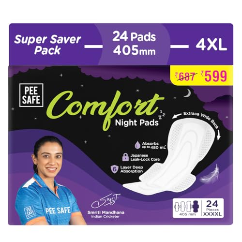 Image of Pee Safe Comfort All Night Pads | 24 Pads XXXXL (4 XL) - 405mm | Extra Wide Back with Dual Wings | 6 Layer Deep Absorption | Japanese Leak-Lock Technology | Overnight Leak Free Protection | Extra Long | Pack of 3