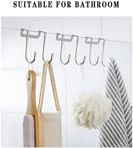 Image of JIALTO Over Door Hook Stainless Steel S Hook- SS 304 Cabinet Door Hanger, Double S Shape Hanging Hook for Clothes, Towels, Kitchen and Bathroom Organizer, Silver