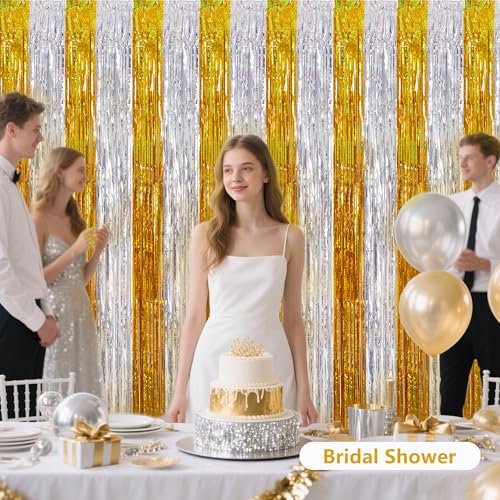 Image of BEISHIDA Gold Silver Door Streamers Backdrop Foil Fringe Tinsel Party Streamers Curtains Photo Backdrop - 2Pcs for Birthday Graduation Bachelorette Party Decoations