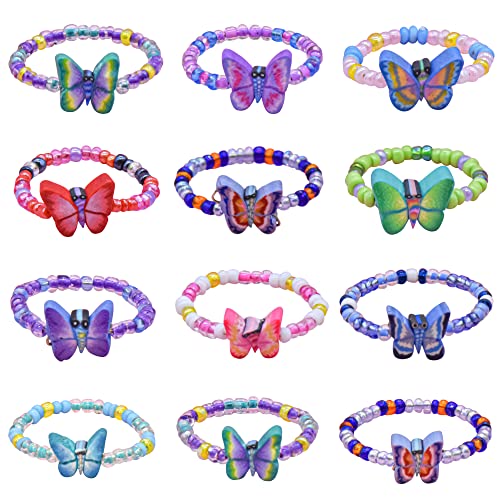 Assorted 12 Pcs Boho Butterfly Ring Set, Beaded Polymer Clay Kidcore Rings For Girls, Vsco Vintage Y2K Jewelry For Women, Funky Boho Matching Butterfly Rings Bulk, Teen Party Favors #TOP7