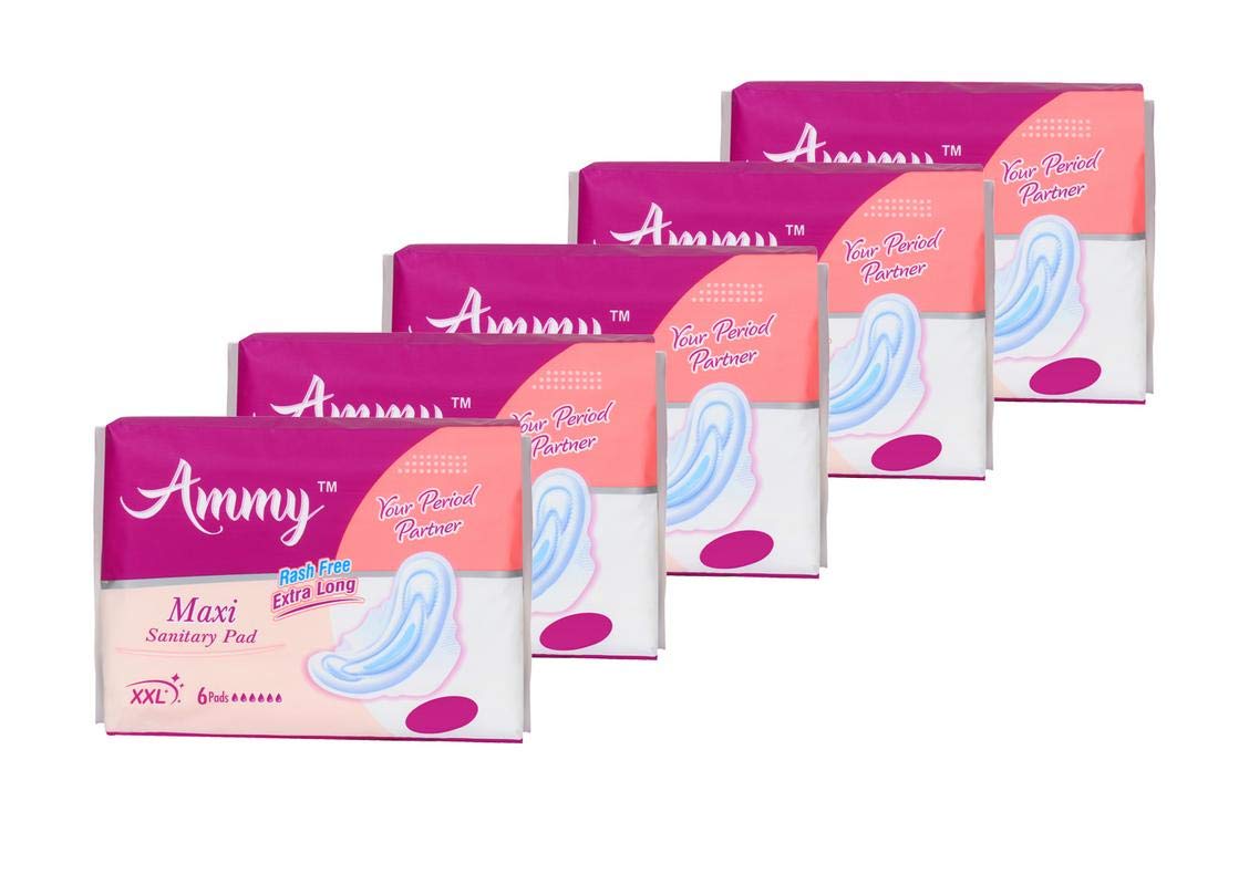 AMMY Advanced Dry Maxi All Night Cottony Soft Ultra Thin Womens/Girls Sanitary Pads with Wings (Napkins) - XXL Wings (30 Pieces)(Pack Of 5)