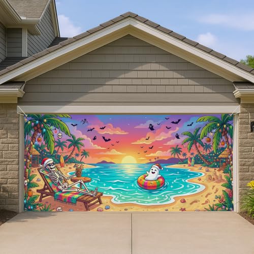 Housse de garage Noël originale pour masquer une façade triste avec un décor tropical
