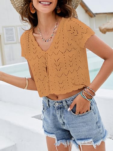 Image of Crochet Cardigans For Women Spring Summer Beach Short Sleeve Shrug Cropped Boho Lightweight Sweater Cover Up Tie Front Tops