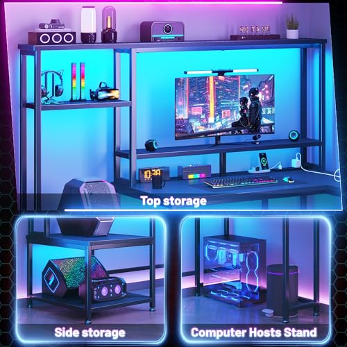 Image of DurayLoly Gaming Desk with LED Lights & Outlets,55 inch L Shaped Computer Desk with Shelves & Storage Hutch,Reversible Corner Gaming Table with Printer Space & Monitor Stand for Home Office,Black