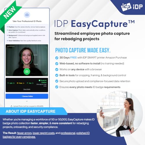 Image of IDP SMART-21S ID Card Simplex Printer Kit with PC Only Software, 100 Print YMCKO Color Ribbon, 100 PVC Plastic Cards, and Now with IDP's EasyCapture Photo Capture Tool Free Trial!