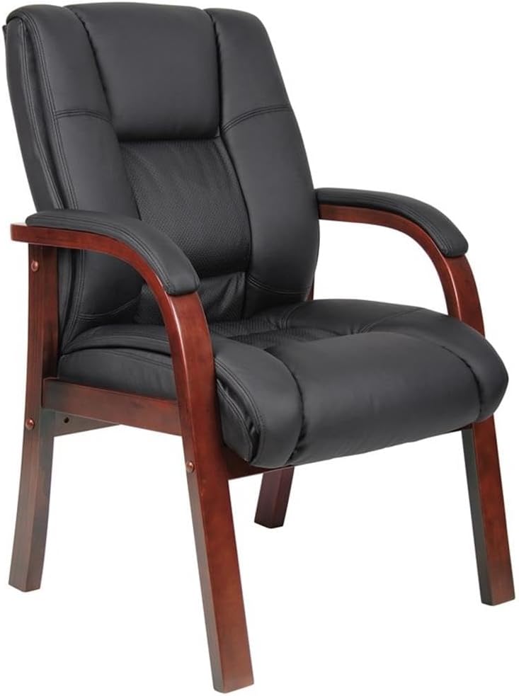 Pemberly Row Modern Mid-Back Guest Chair, Black CaressoftPlus Upholstery, Cherry Wood Accents, Dacron-Filled Cushions, 250 lb Capacity, 21" W x 20" D Seat, Office Seating for Visitors