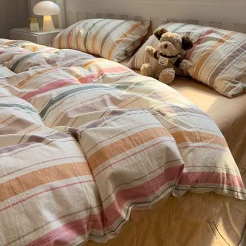 Image of MKXI Washed Cotton Duvet Cover Set Retro Stripes in Autumn Palette 3-Piece Vintage-Style Bedding with Secure Zipper & Ties, for Nostalgic Bedrooms, Dorms & Cozy Spaces (Full Size)