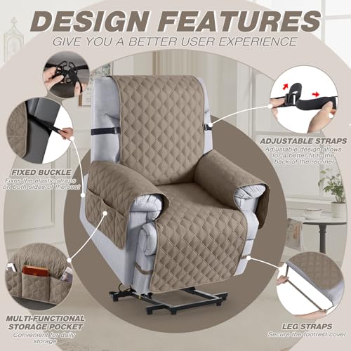 Image of TAOCOCO 100% Waterproof Recliner Covers, Recliner Sofa Covers with Leg Straps, Reversible Recliner Couch Cover for Reclining Chair, Washable Couch Protector for Pets Kids(1 Seater 22 inch, Taupe)