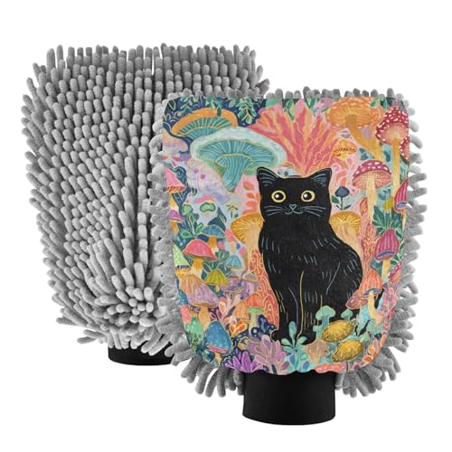 ALAZA Mushroom Black Cat Car Wash Mitt Scratch Free, 2 Pack Absorbent Microfiber/Chenille Washing & Drying Mitts, M