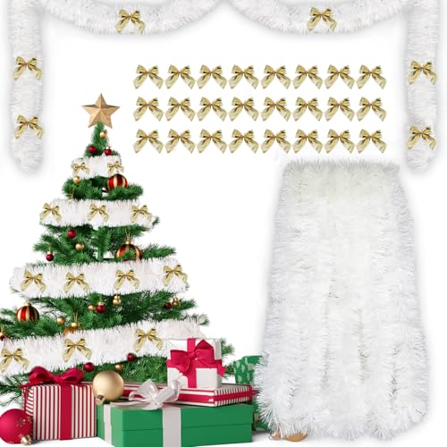 Grinalda de Natal 10m + 24pcs Laços Árvore de Natal Dourado, Grinalda Natal, Christmas Garland, Espumilhão Verde Grosso, Decoração Natalícia Grinalda para Interior e Exterior, para Portas Escadas