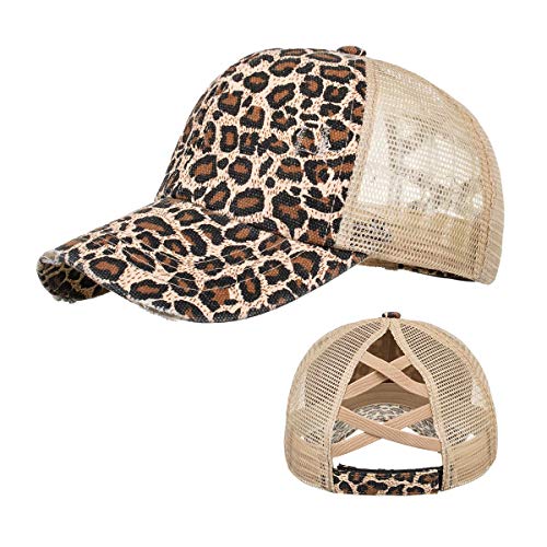 Leopard Ponytail Criss Cross Trucker Hat - Distressed Messy High Bun Mesh Ponycap Baseball Cap for Women Girls