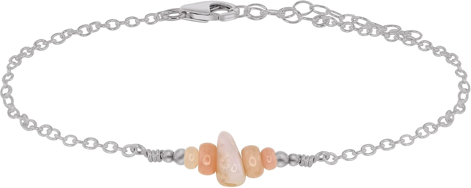 Luna Tide Pink Peruvian Opal Chip Bead Bar Anklet in Stainless Steel