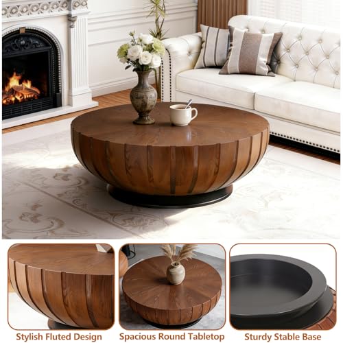 Table basse cannelée en bois massif marron et base solide - 6