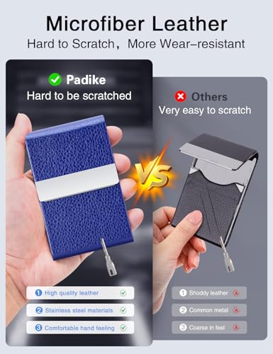 Image of Padike Professional Business Card Holder PU Leather Business Card Case Name Card Holder Slim Metal Pocket Card Holder with Magnetic Shut (Blue)
