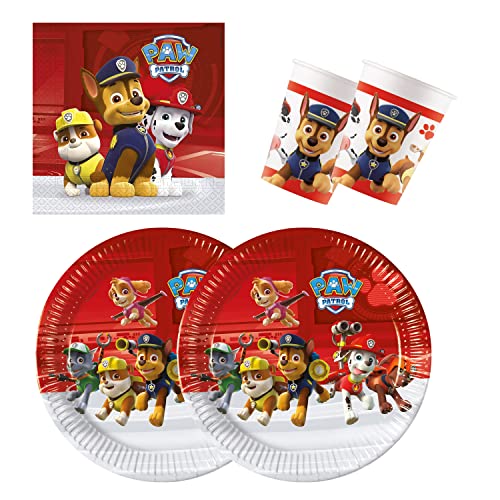Procos 10137427 - Set de fête S Paw Patrol Ready for Action, Lot de 52 pièces, 16 assiettes, 16 gobelets, 20 serviettes, vaisselle jetable, vaisselle de fête, décoration de table, Marvel