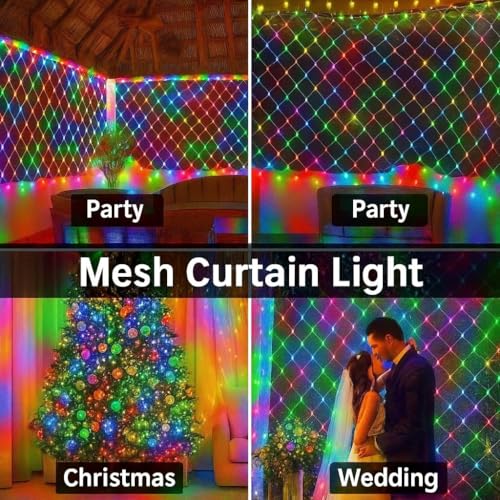 Image of K D LED Net Mesh String Lights - 192 LEDs, 9.8Ft x 6.6Ft, Warm Multi, 8 Modes, IP44 Waterproof, Connectable for Diwali, Navratri, Christmas Big String net mesh Multi