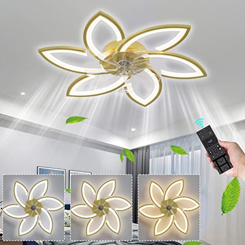 Ventilador de techo con diseño de flores doradas con luz y temporizador, control remoto, motor CC de 6 velocidades, regulable, LED, funcionamiento silencioso, reversible para invierno y verano, 78 cm