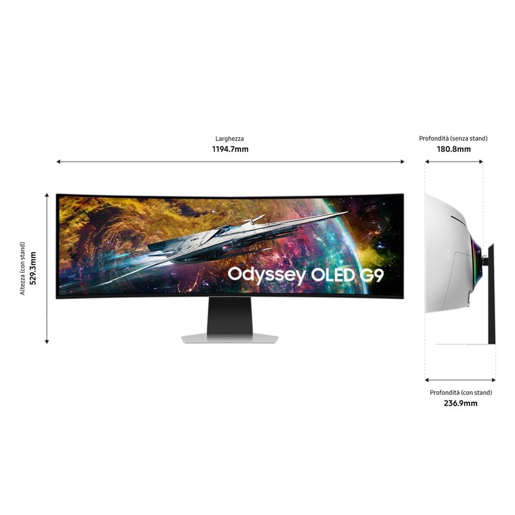 Samsung Monitor Gaming Odyssey OLED G9 (S49CG950), Curvo (1800R), 49'', 5120x1440 (DQHD), Smart Hub, 32:9, HDR10+, QD-OLED, 240Hz, 0,03ms (GtG), Compatibilità G-Sync, Micro HDMI, USB 3.0, DP, Casse