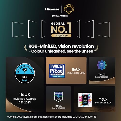 Image of Hisense 116-Inch Class Premium UX Series RGB-MiniLED 4K UHD HDR Google Smart TV(116UX, 2025) - RGB Backlight MiniLED, Up to 8000 nits, 3D Color Master Pro, Native 165Hz Panel, 6.2.2 CineStage X